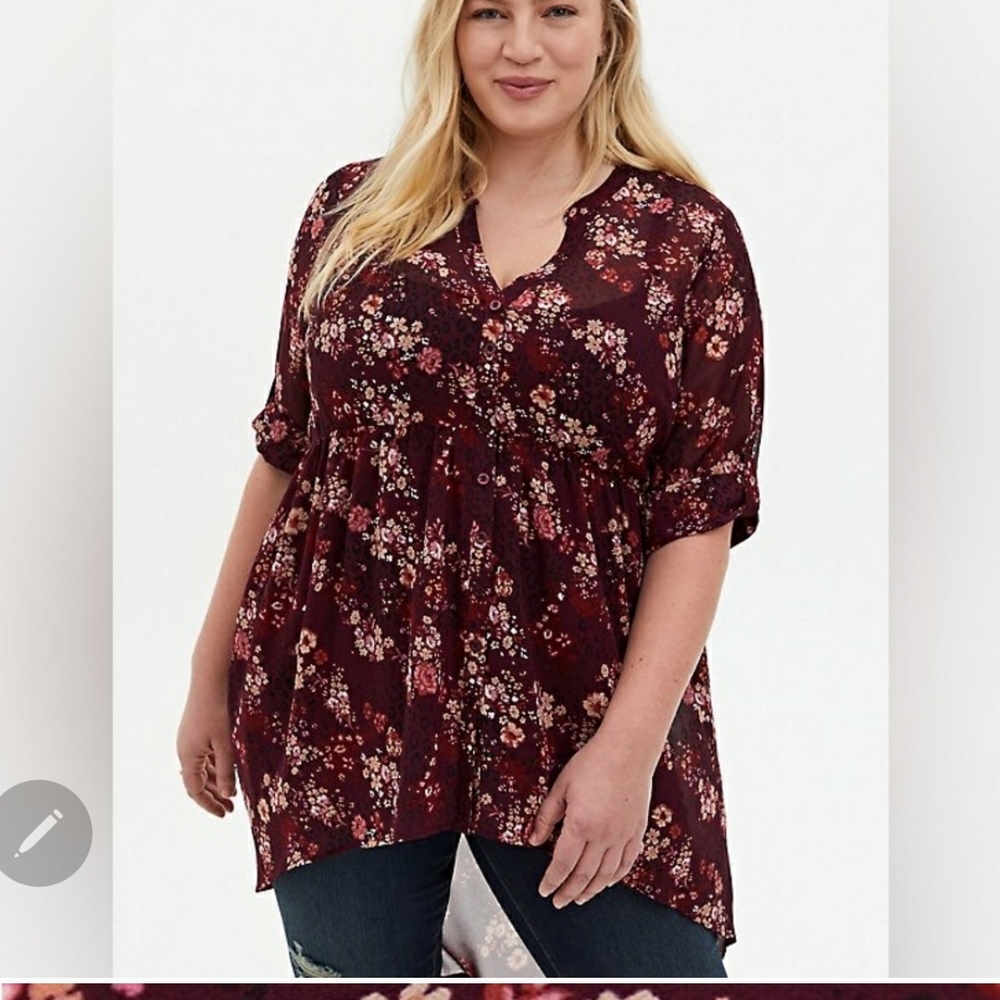 Torrid Lexie Babydoll Chifon Purple Burgundy wine  Floral Blouse, Size 2, 2x